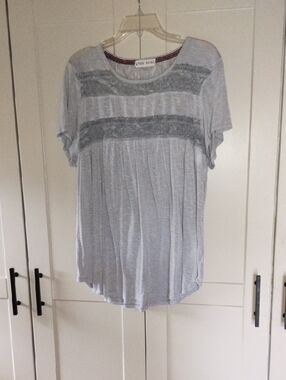 Knox Rose Light Gray Short Sleeve Lace-Striped Top